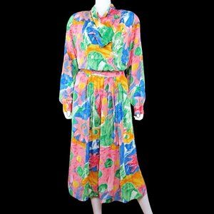 Vintage 80's Howard Wolf Colorful Abstract Skirt Matching Blouse Set Women's 12